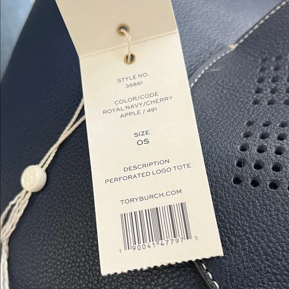NWOT. Tory Burch Perforated Logo Tote Royal Navy and Cherry Apple Tote Bag - Picture 7 of 7